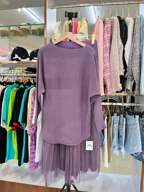 Casual Batwing Sleeves Pullover And Net Long Skirts